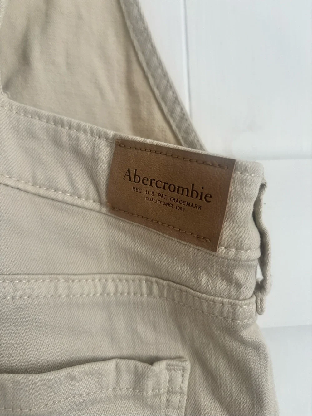 Abercrombie Cream Utility Overalls with Leather Logo Patch
